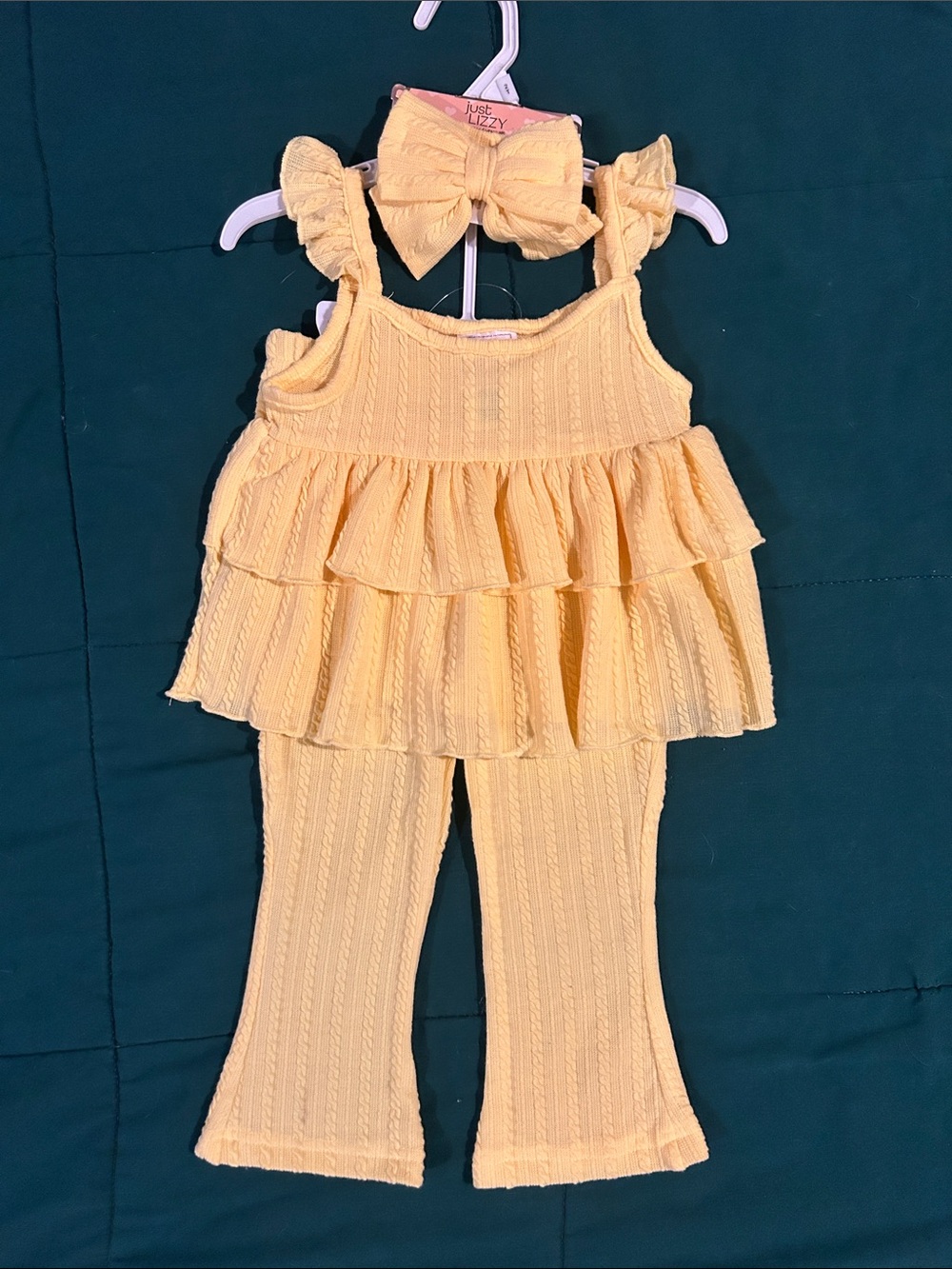 NWT just LIZZY baby girl yellow cable knit 3-piece ruffle and bow set.